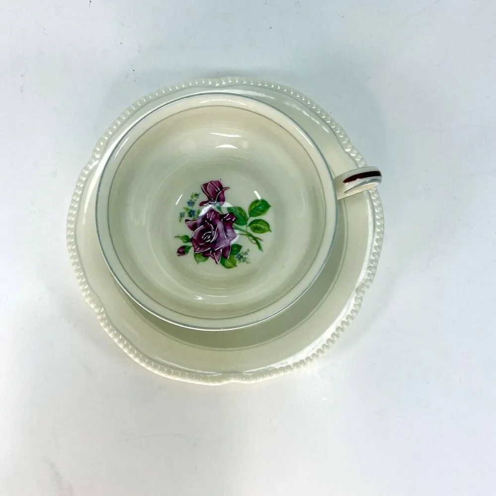 Vtg Castleton China Tudor Rose USA Tea Cup & Saucer Bone China Footed Cup Gray